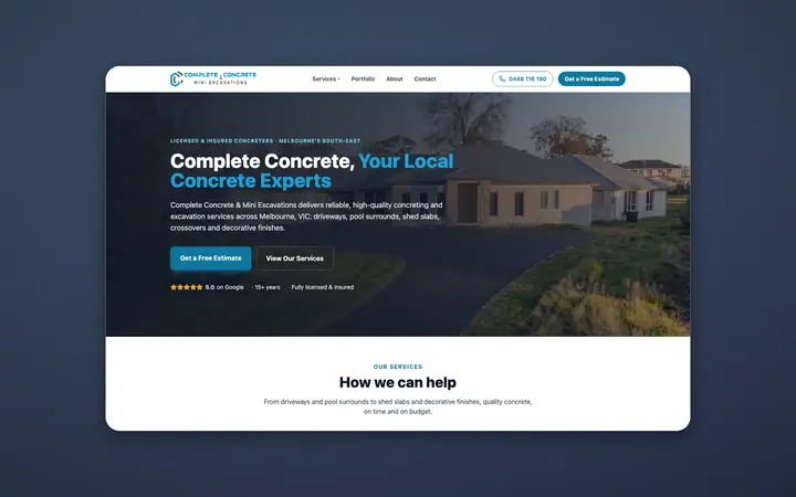 Complete Concrete website, built by Delve Digital