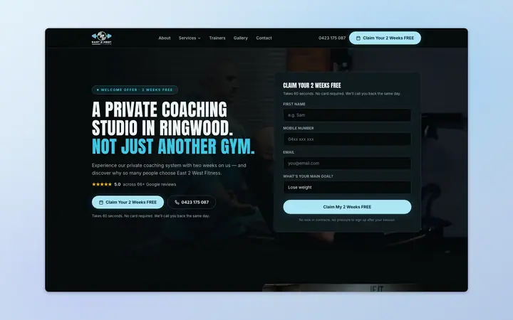 East2west Fitness website, built by Delve Digital